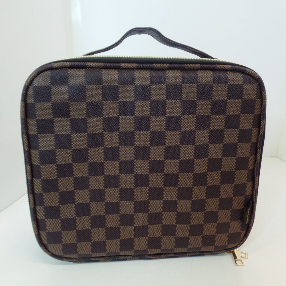 VOKUR Brown & Tan Square Traveling Jewelry Box Coated Canvas Zippered Darling - Picture 5 of 16